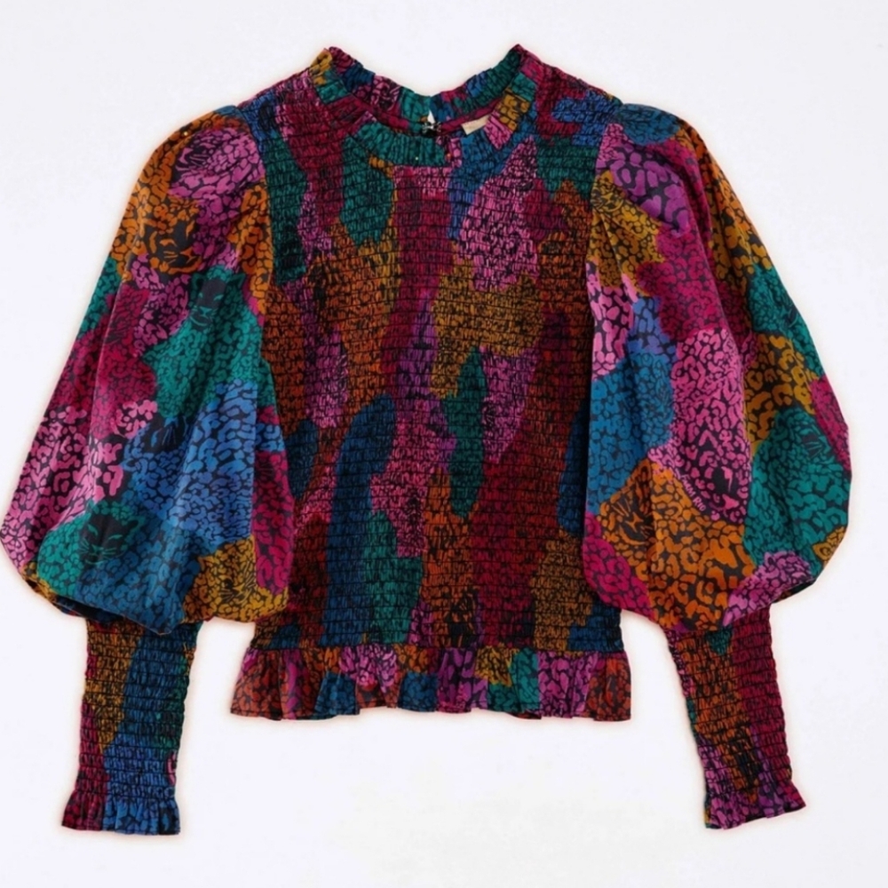 FARM RIO Rainbow Mixed Balloon Long Ruffle Trim Sleeve Blouse Like New - Picture 2 of 8